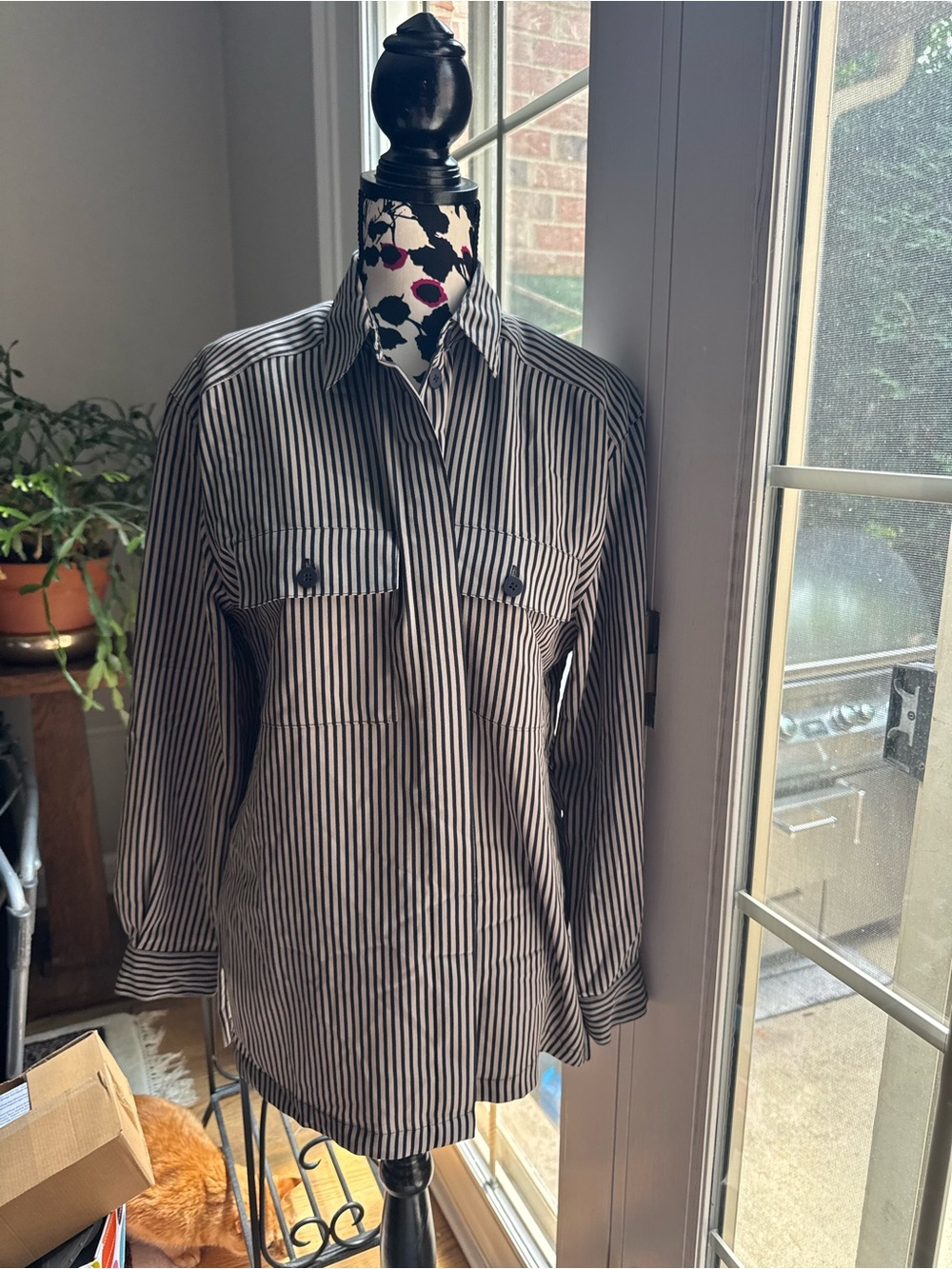 Chaus Black and White Vertical Stripe Button-Down Shirt